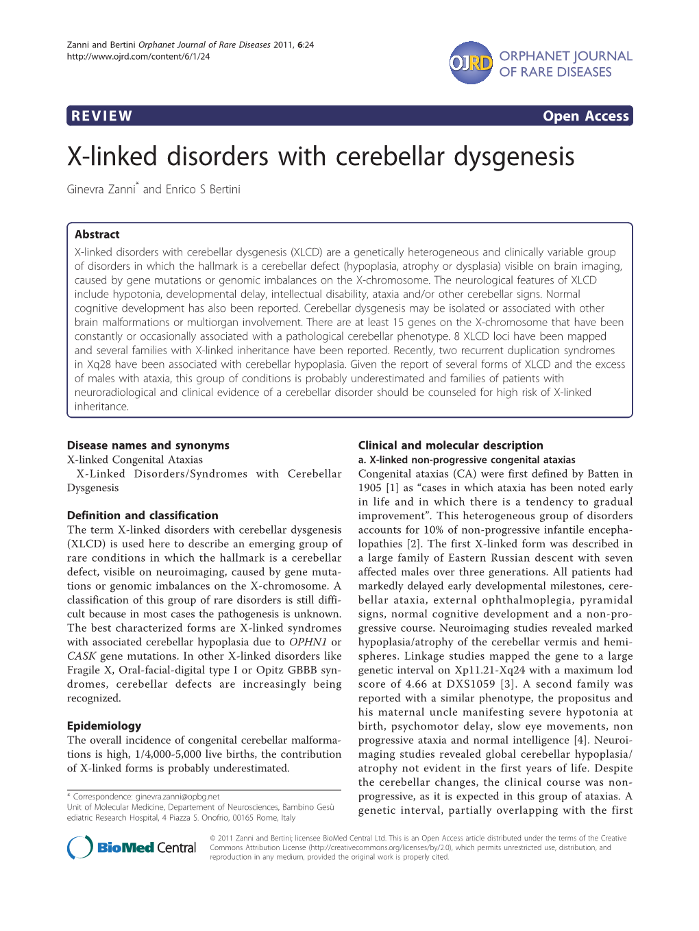 X-Linked Disorders with Cerebellar Dysgenesis Ginevra Zanni* and Enrico S Bertini