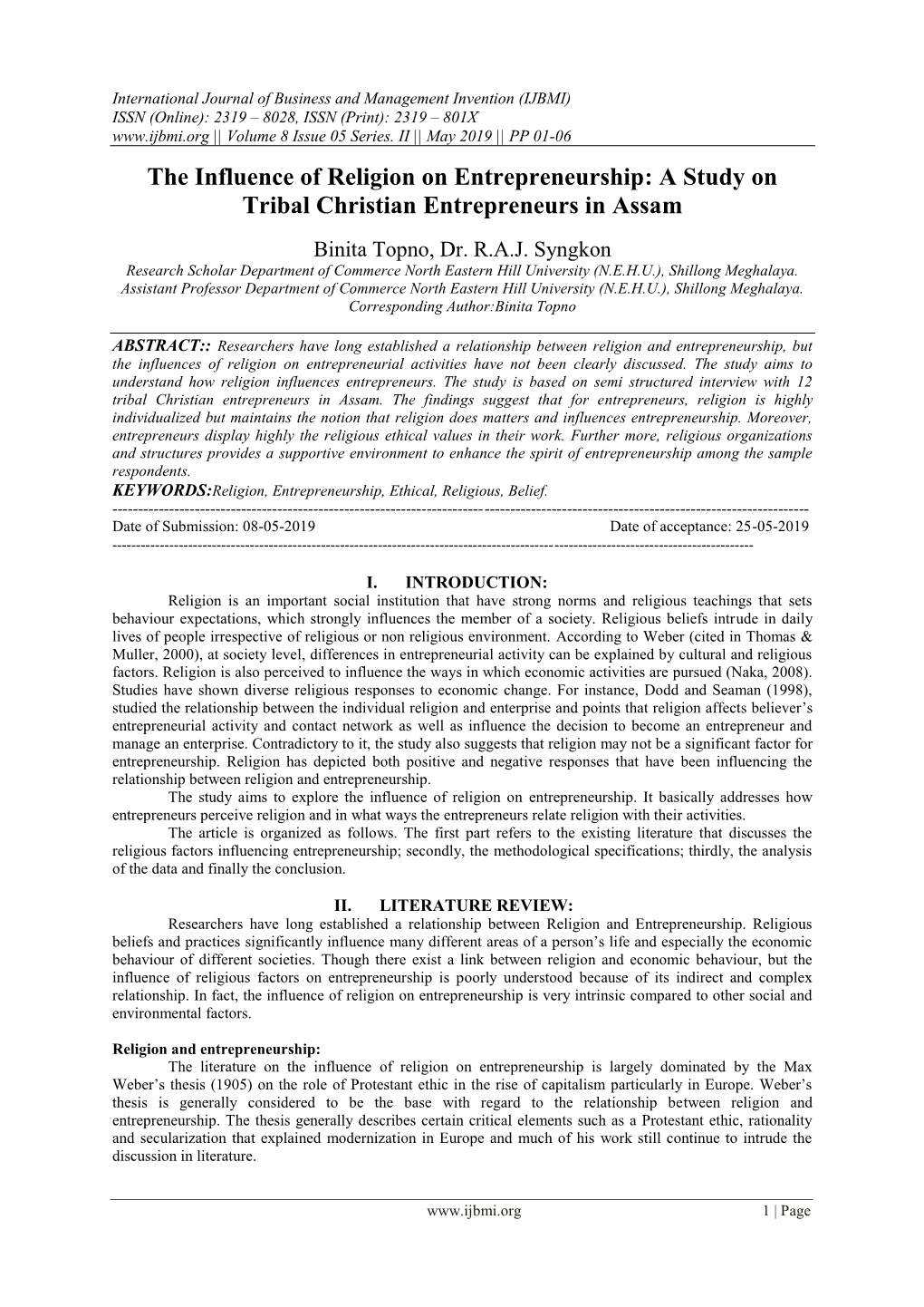 The Influence of Religion on Entrepreneurship: a Study on Tribal Christian Entrepreneurs in Assam