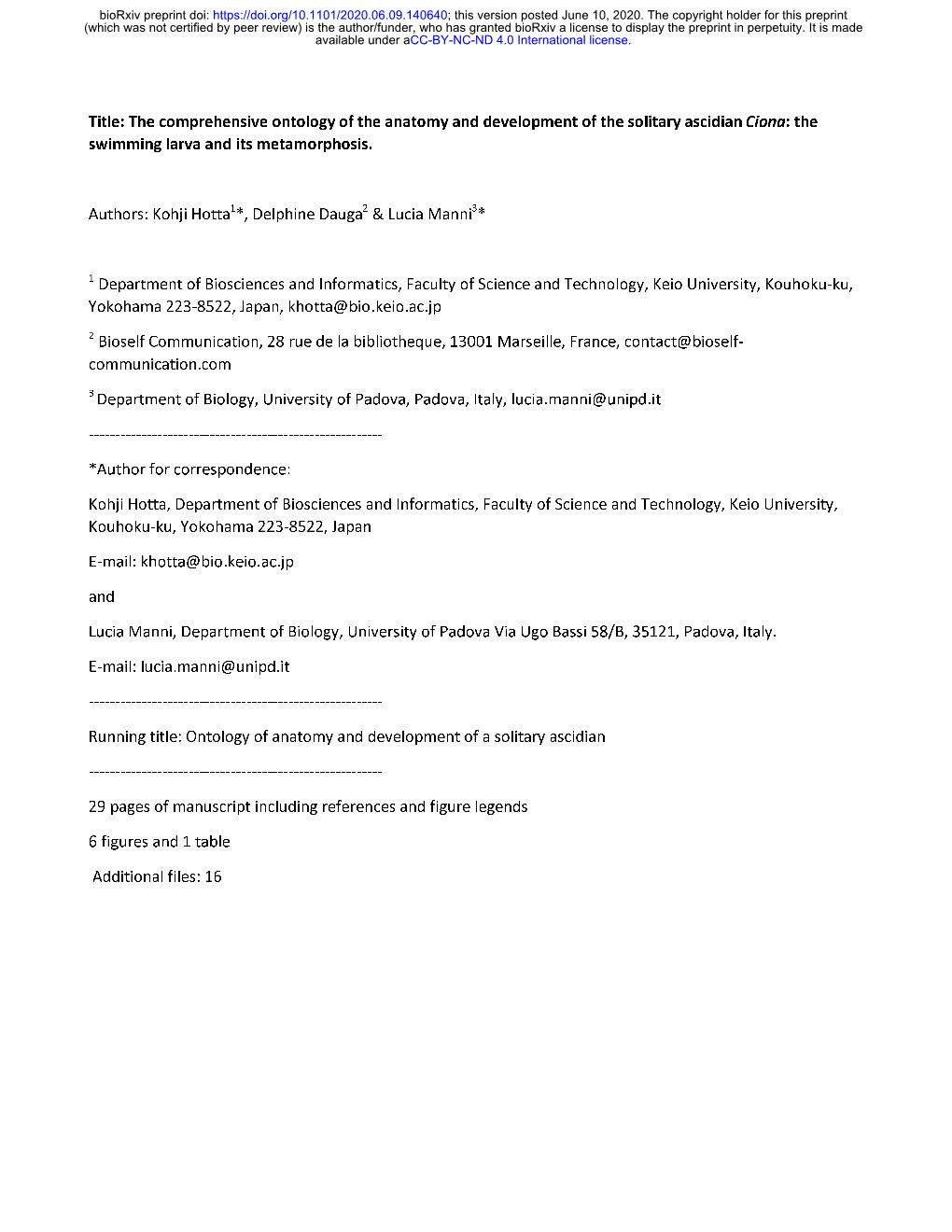 The Comprehensive Ontology of the Anatomy and Development of the Solitary Ascidian Ciona: the Swimming Larva and Its Metamorphosis