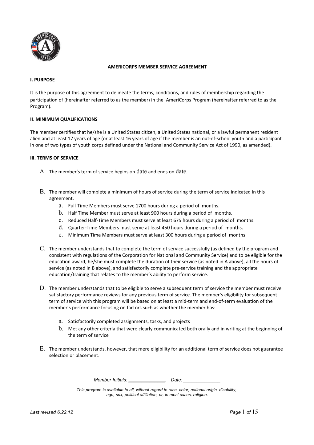 Americorps Member Contract