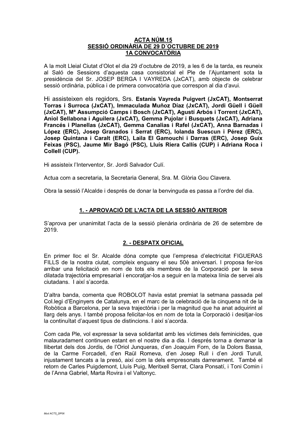 Acta Núm.15 Sessió Ordinària De 29 D´Octubre De 2019 1A Convocatòria