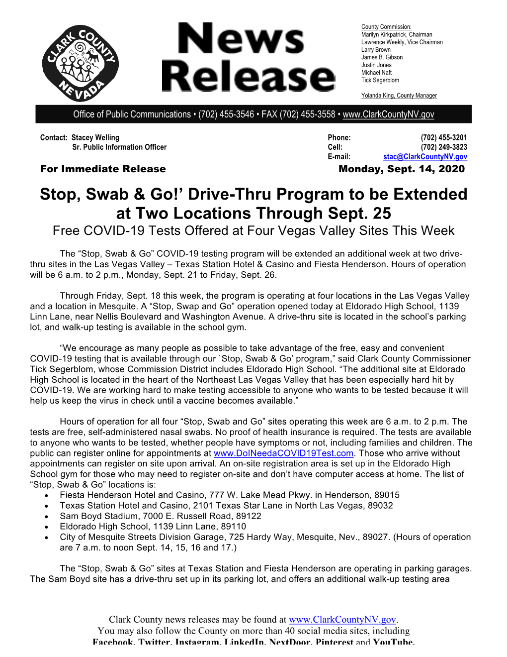 Stop, Swab & Go!' Drive-Thru Program to Be Extended at Two Locations