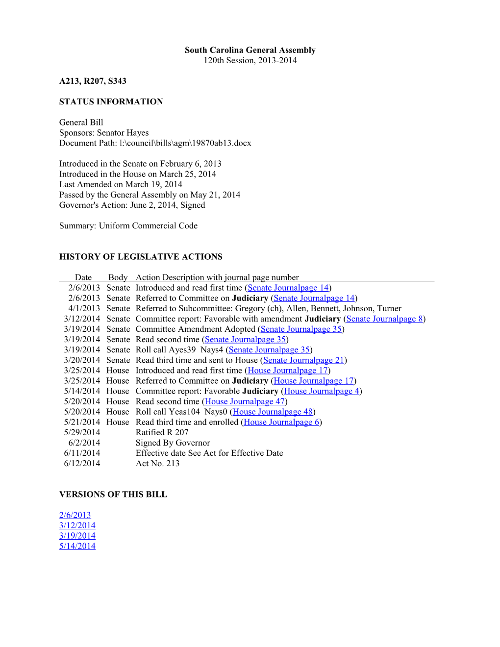 2013-2014 Bill 343: Uniform Commercial Code - South Carolina Legislature Online