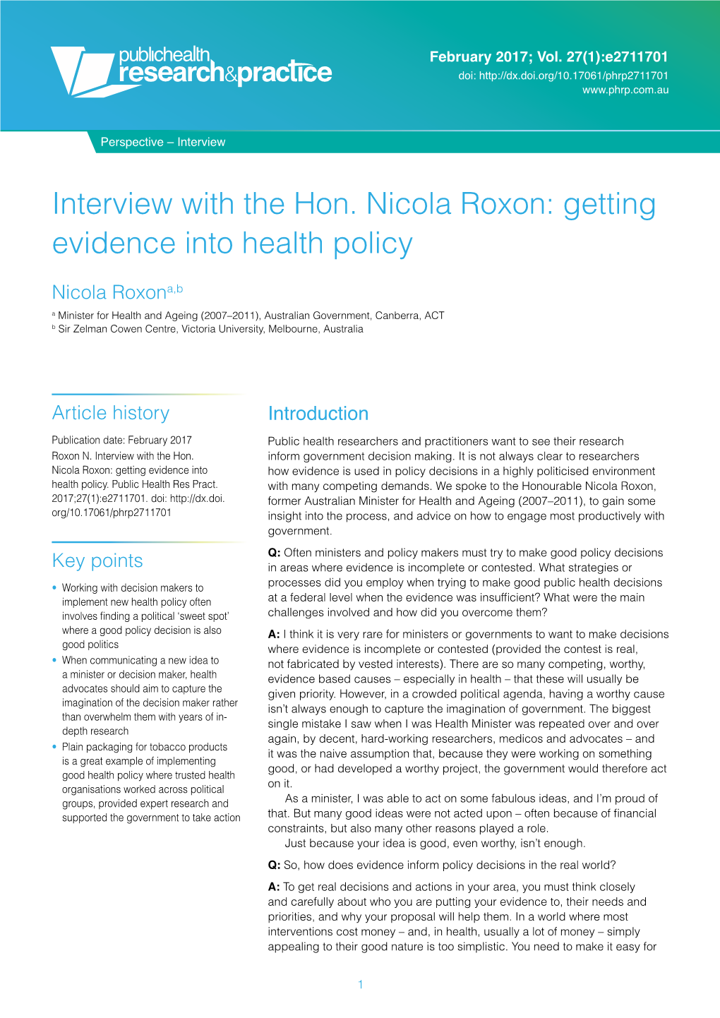 Interview with the Hon. Nicola Roxon: Getting Evidence Into Health Policy