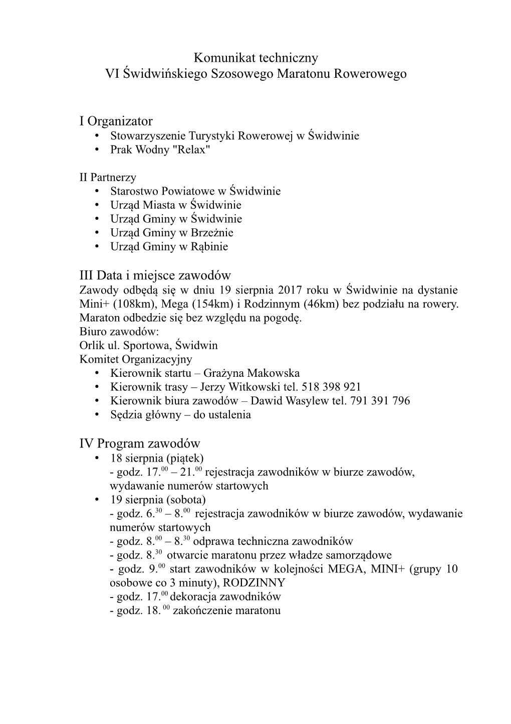 Komunikat Techniczny VI Świdwińskiego Szosowego Maratonu Rowerowego