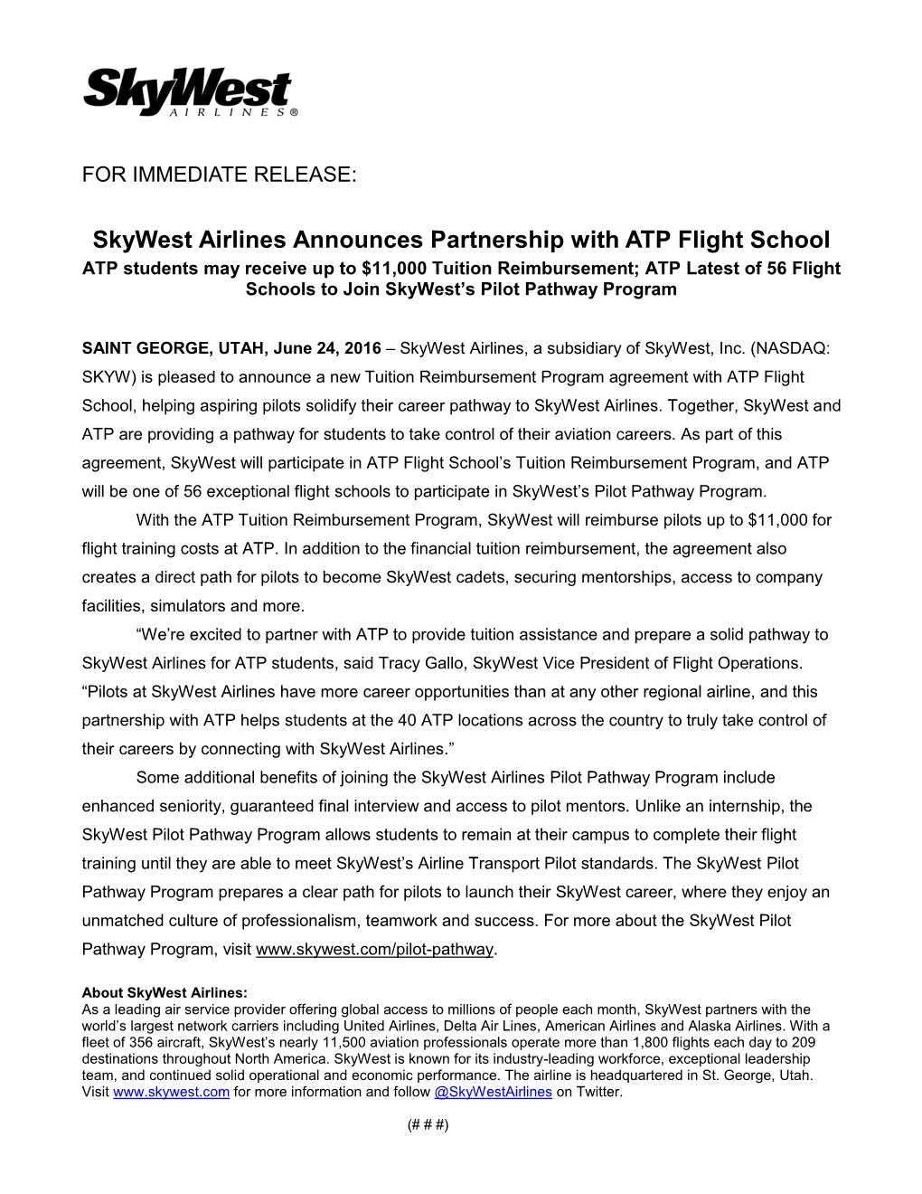Skywest Airlines Announces Partnership with ATP Flight School