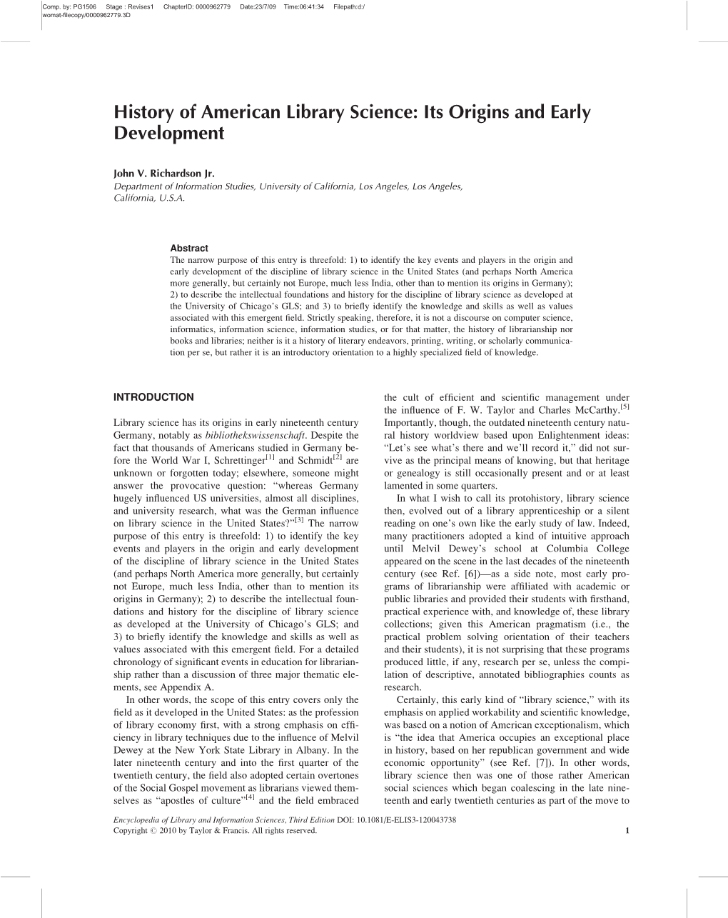 History of American Library Science: Its Origins and Early Development