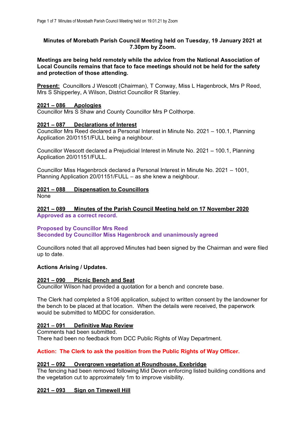 Minutes of Morebath Parish Council Meeting Held on 19.01.21 by Zoom