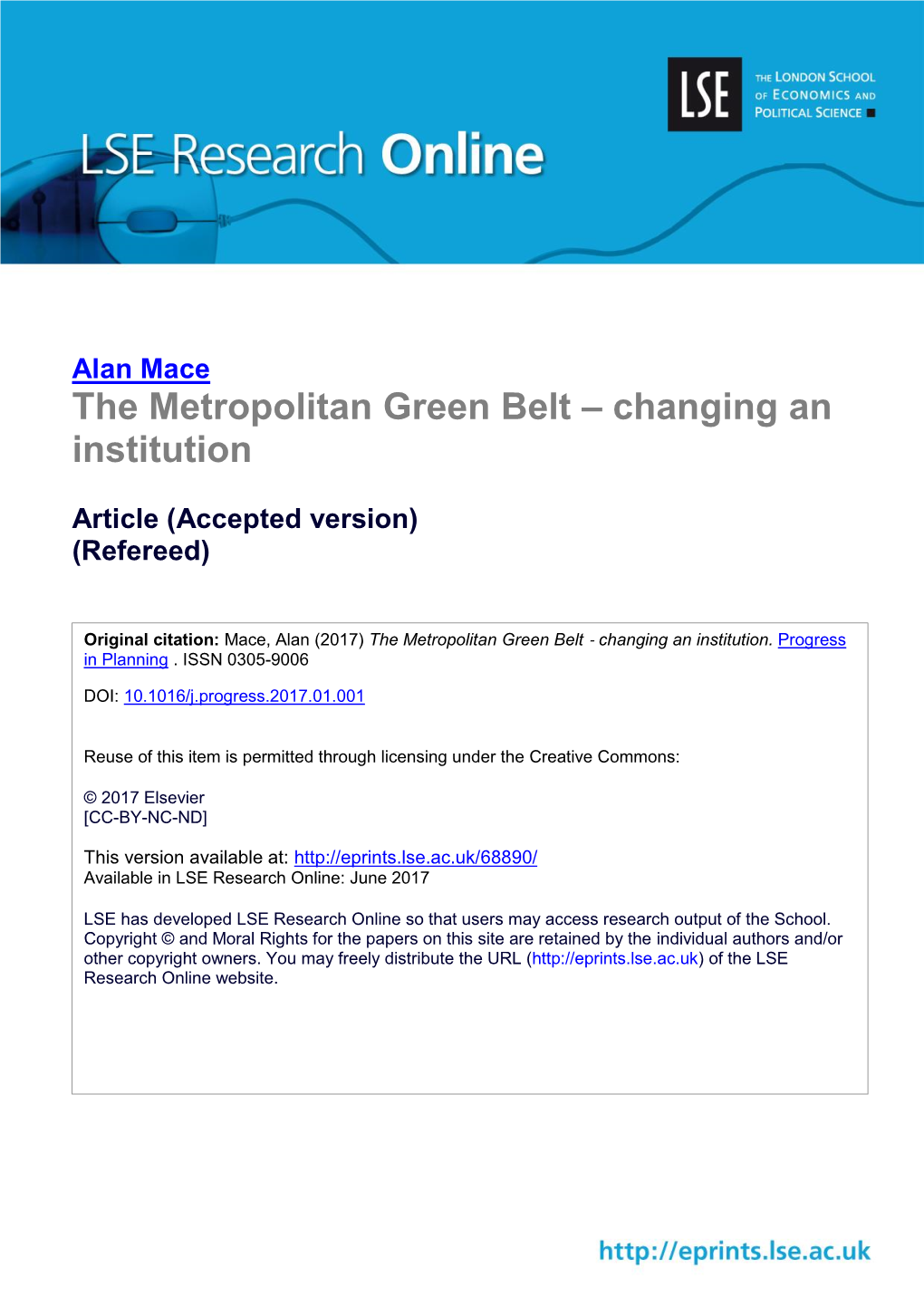 The Metropolitan Green Belt – Changing an Institution