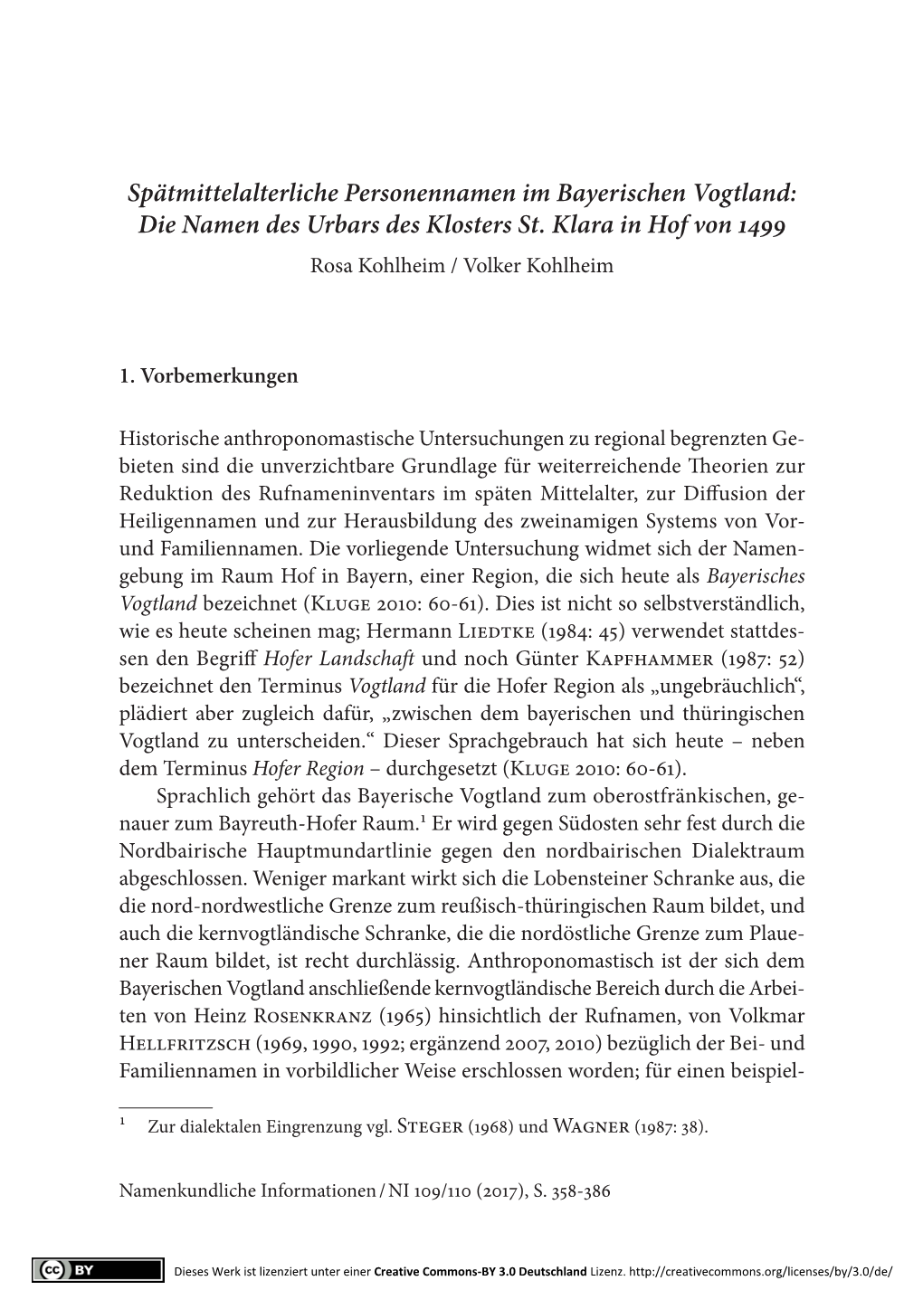 Die Namen Des Urbars Des Klosters St. Klara in Hof Von 1499 Rosa Kohlheim / Volker Kohlheim