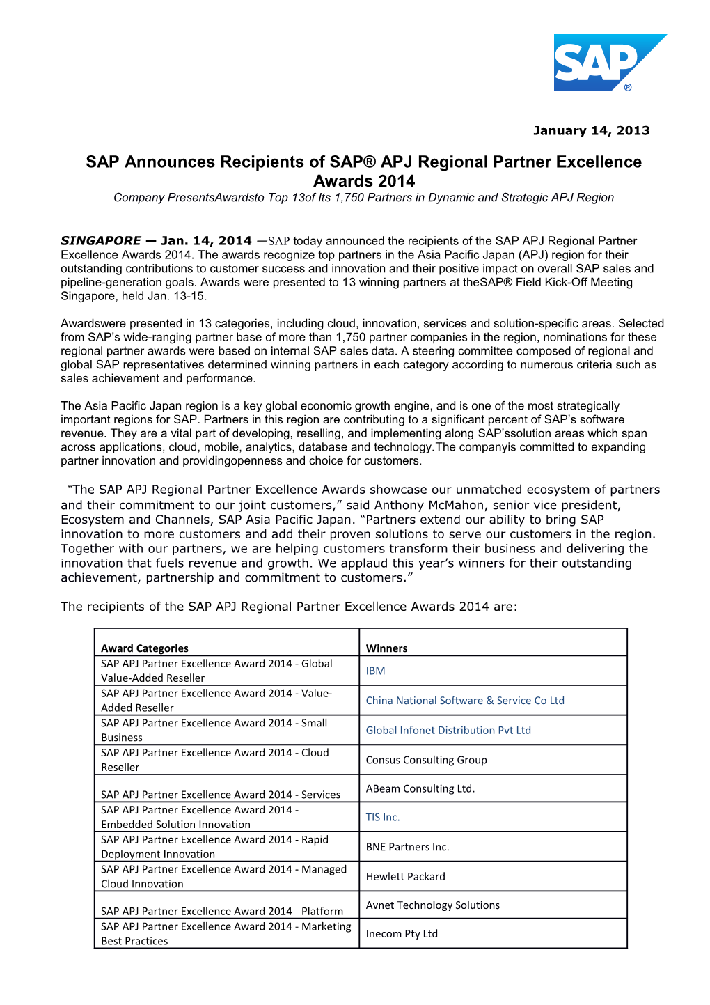 SAP Announces Recipients of SAP APJ Regional Partner Excellence Awards 2014