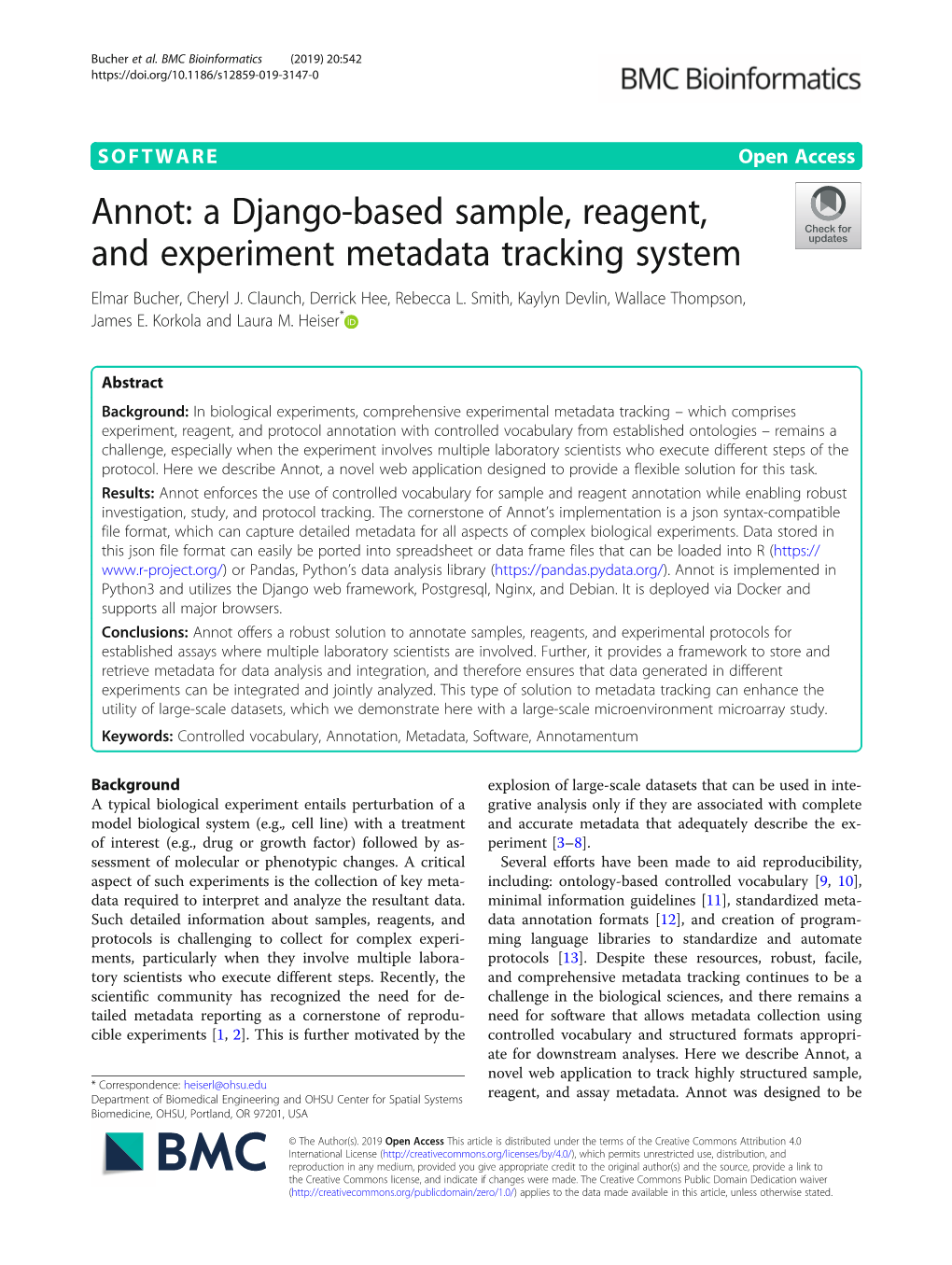 Annot: a Django-Based Sample, Reagent, and Experiment Metadata Tracking System Elmar Bucher, Cheryl J