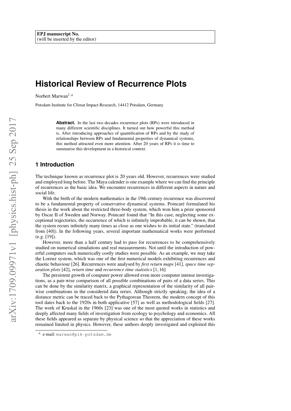 Historical Review of Recurrence Plots