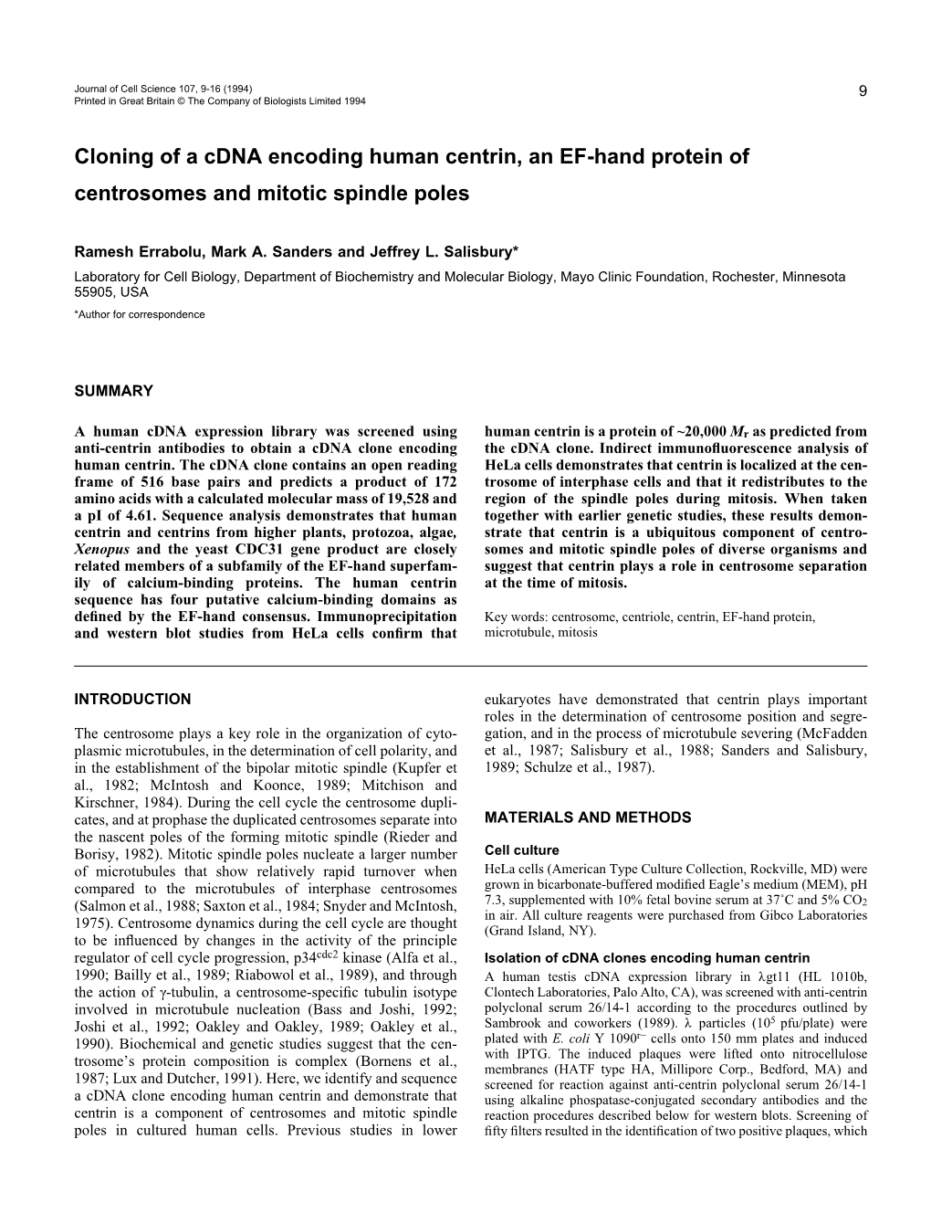 Cloning of a Cdna Encoding Human Centrin, an EF-Hand Protein of Centrosomes and Mitotic Spindle Poles