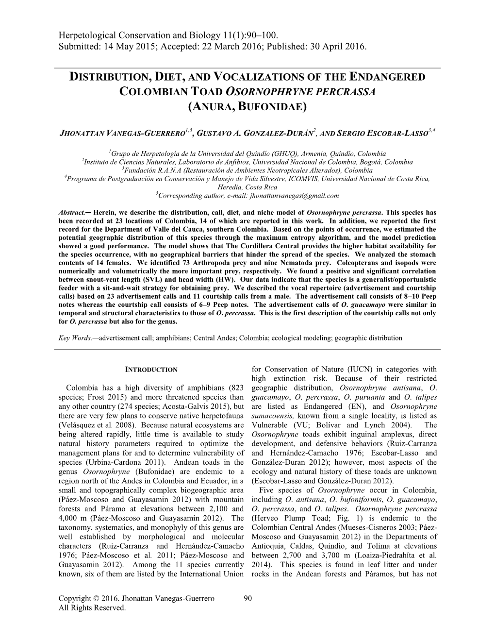 Distribution, Diet, and Vocalizations of the Endangered Colombian Toad Osornophryne Percrassa (Anura, Bufonidae)