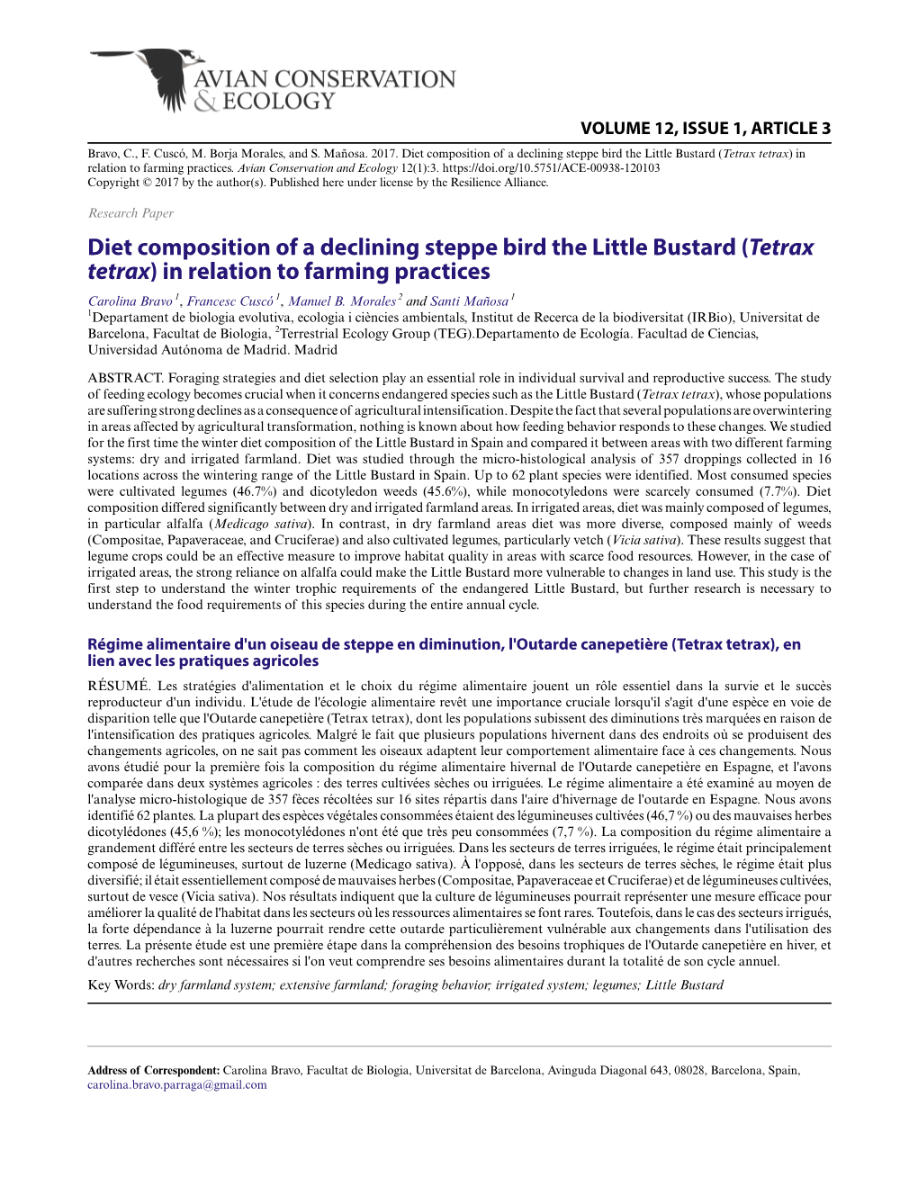 Diet Composition of a Declining Steppe Bird the Little Bustard (Tetrax Tetrax) in Relation to Farming Practices