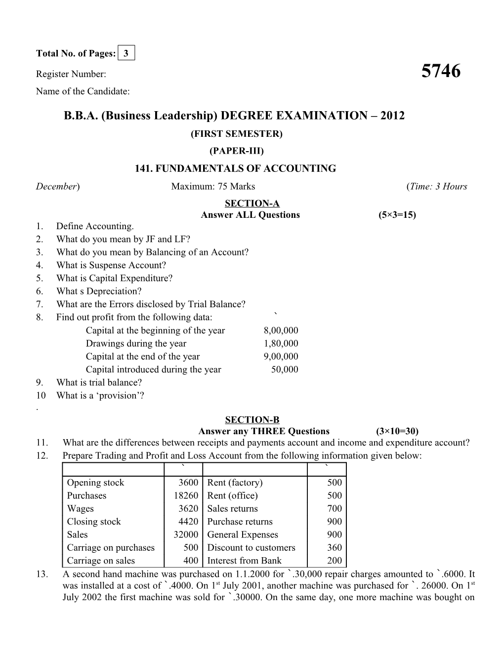 B.B.A. (Business Leadership) DEGREE EXAMINATION 2012