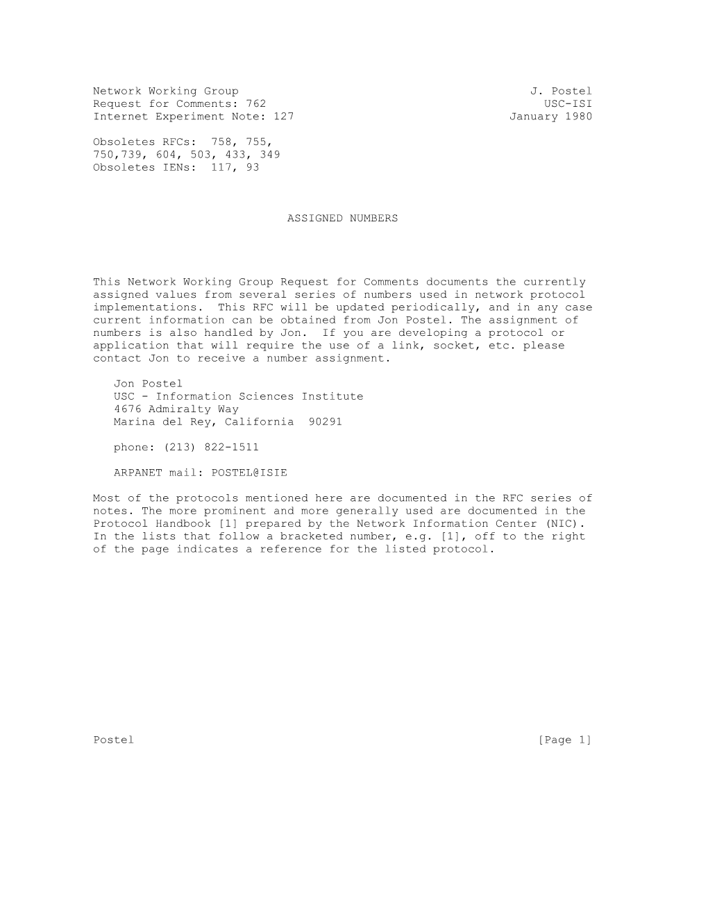 762 USC-ISI Internet Experiment Note: 127 January 1980