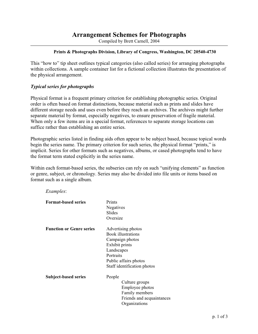 Arrangement Schemes for Photographs (Library of Congress)