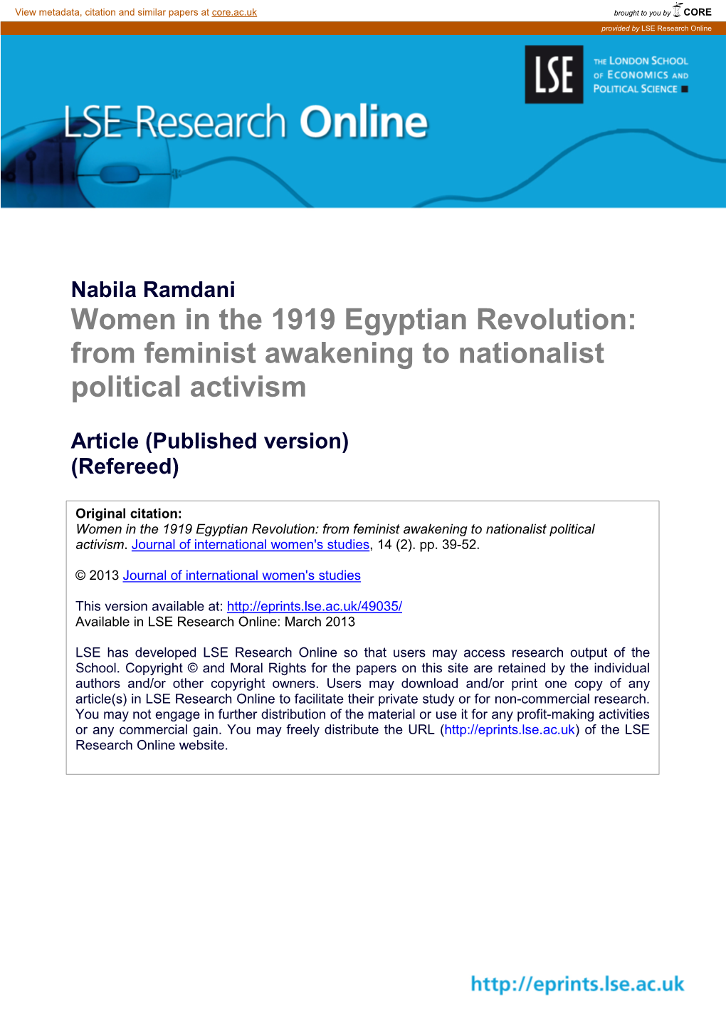 Women in the 1919 Egyptian Revolution: from Feminist Awakening to Nationalist Political Activism
