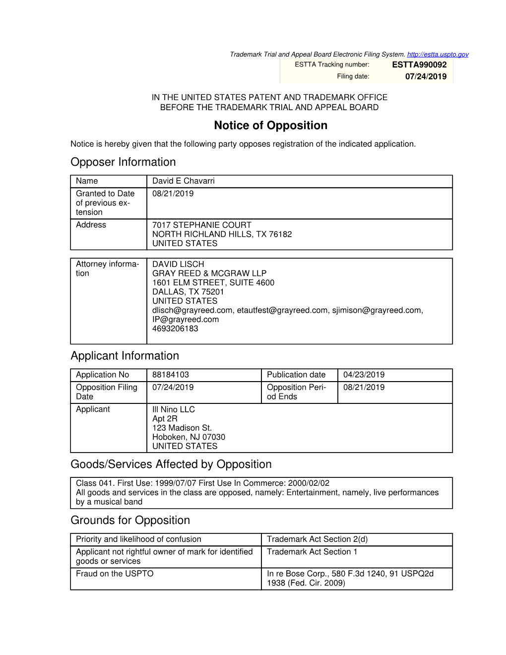 Notice of Opposition Opposer Information Applicant Information