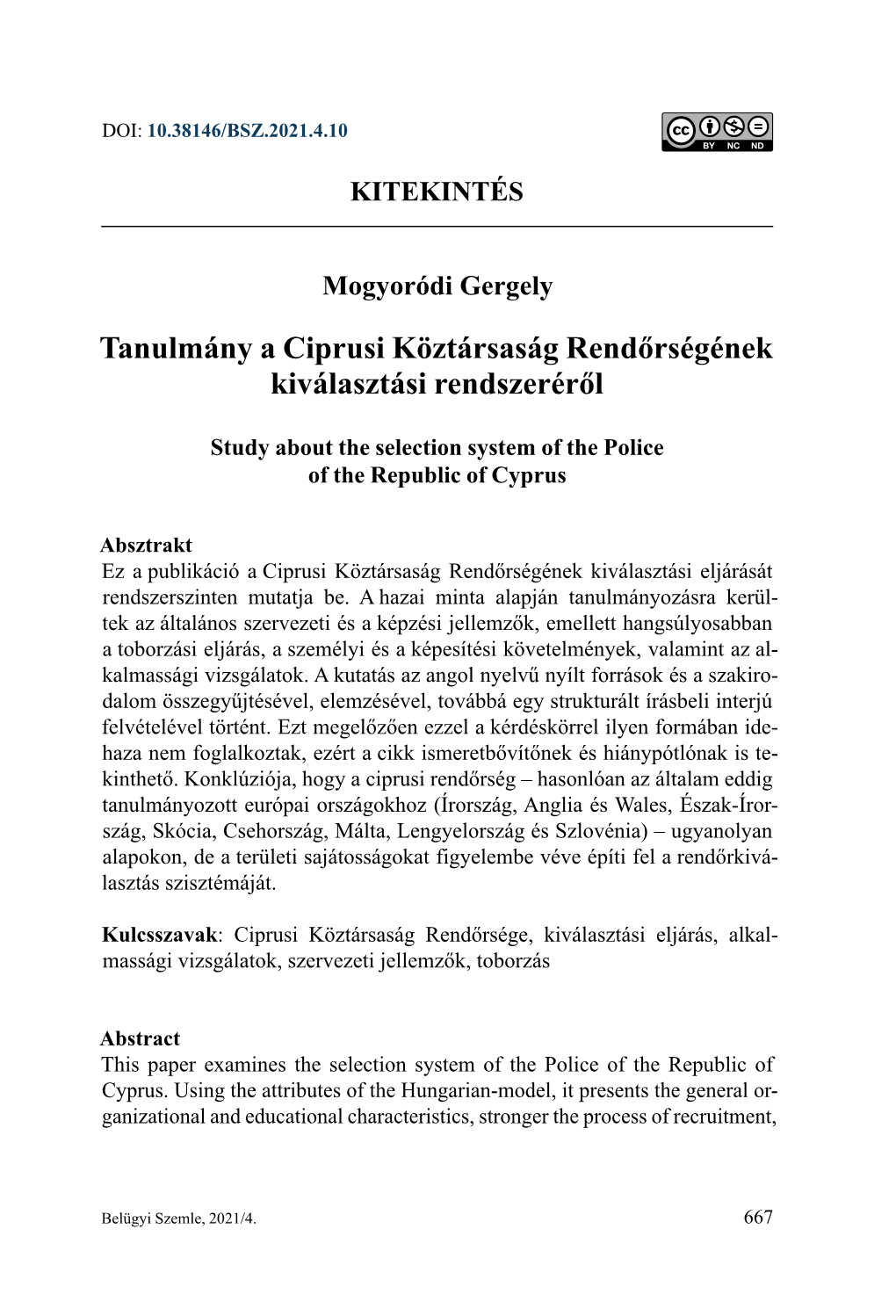 Tanulmány a Ciprusi Köztársaság Rendőrségének Kiválasztási Rendszeréről