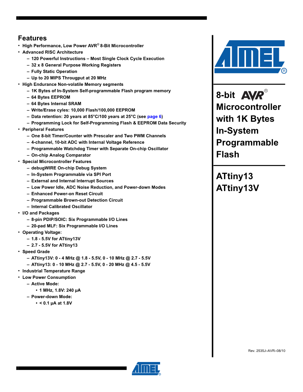 8-Bit Microcontroller with 1K Bytes In-System Programmable Flash