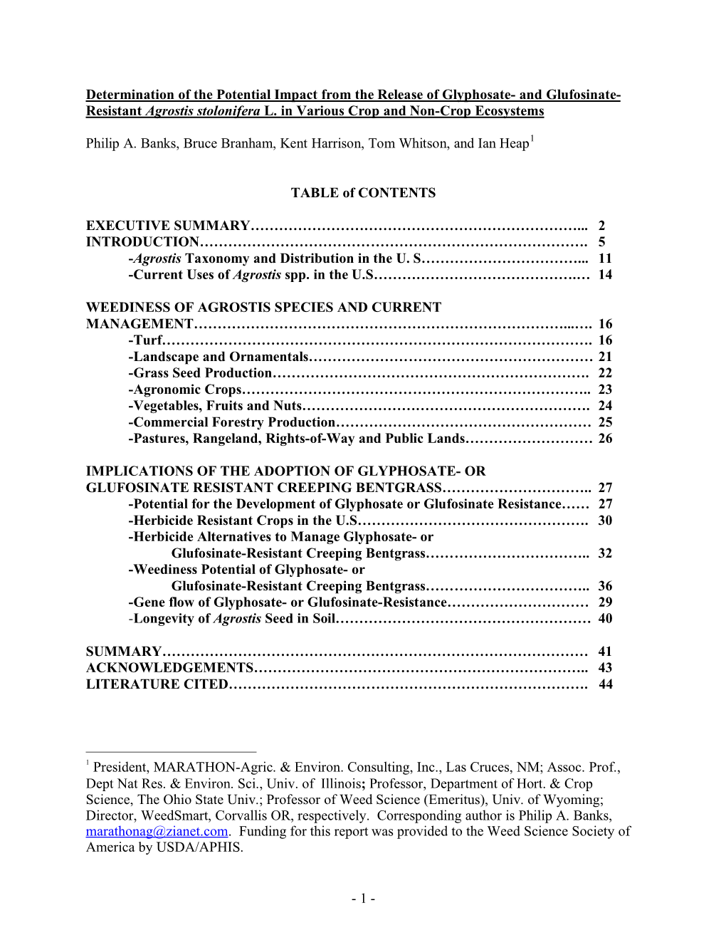 Determination of the Potential Impact from the Release of Glyphosate- and Glufosinate- Resistant Agrostis Stolonifera L