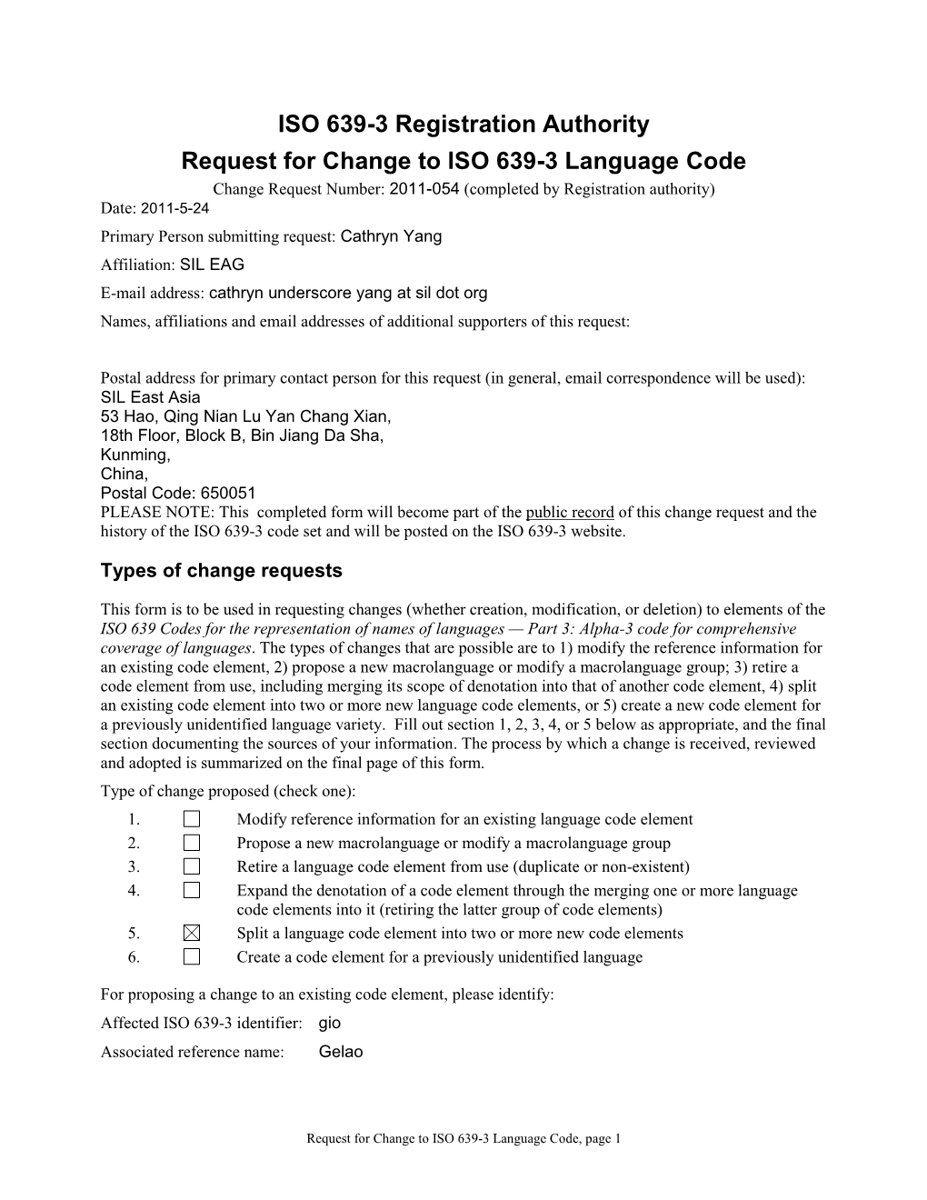 Iso639-3@Sil.Org an Email Attachment of This Completed Form Is Preferred