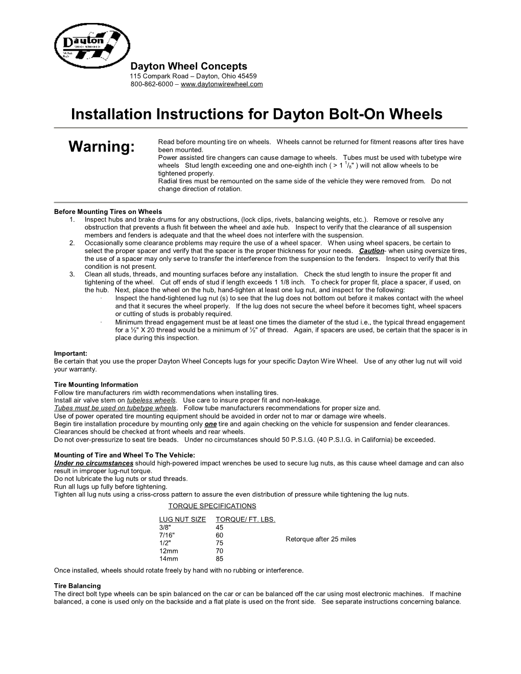 Installation Instructions for Dayton Bolt-On Wheels