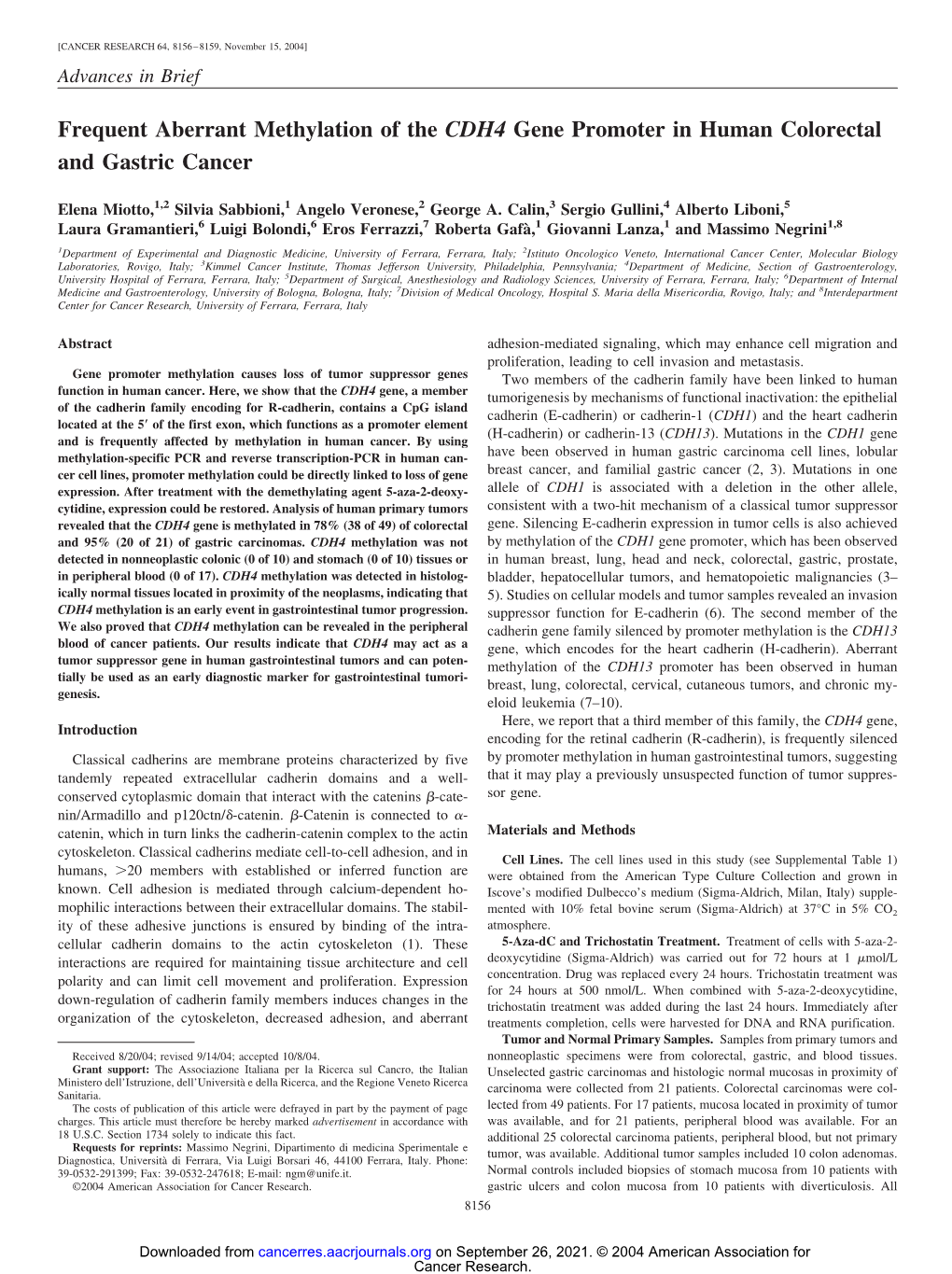 Frequent Aberrant Methylation of the CDH4 Gene Promoter in Human Colorectal and Gastric Cancer