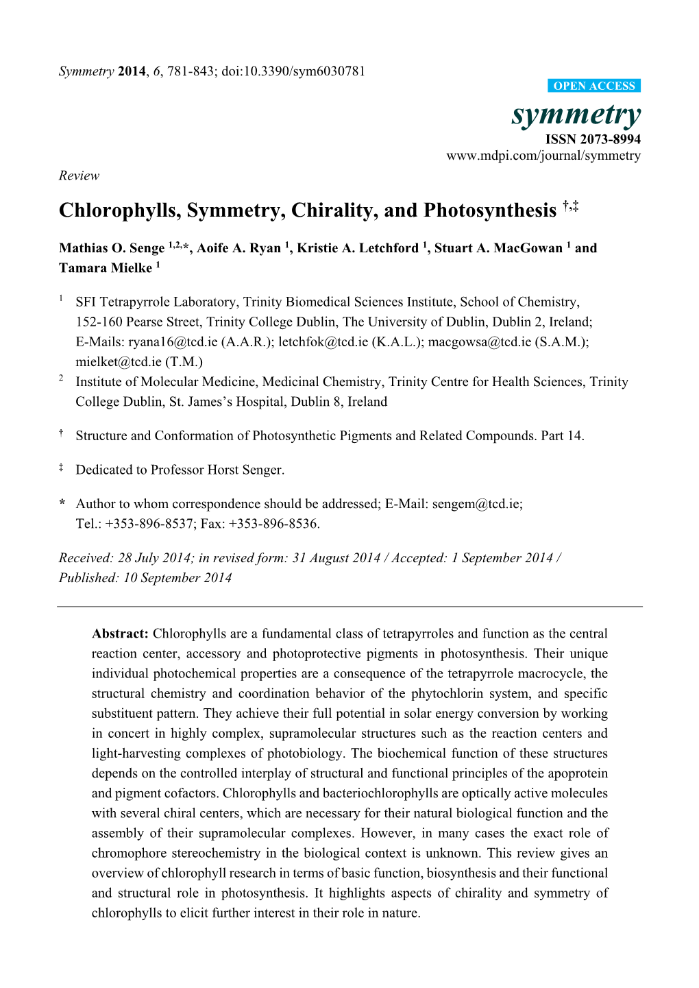 Chlorophylls, Symmetry, Chirality, and Photosynthesis †,‡