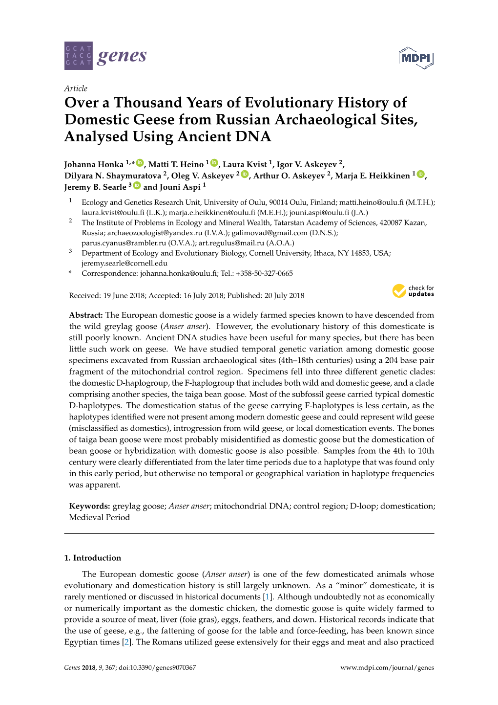 Over a Thousand Years of Evolutionary History of Domestic Geese from Russian Archaeological Sites, Analysed Using Ancient DNA