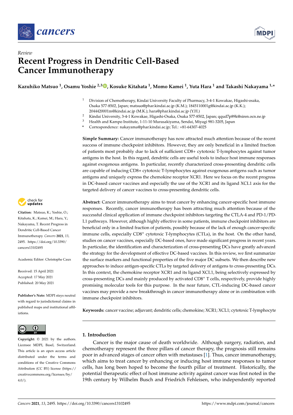 Recent Progress in Dendritic Cell-Based Cancer Immunotherapy