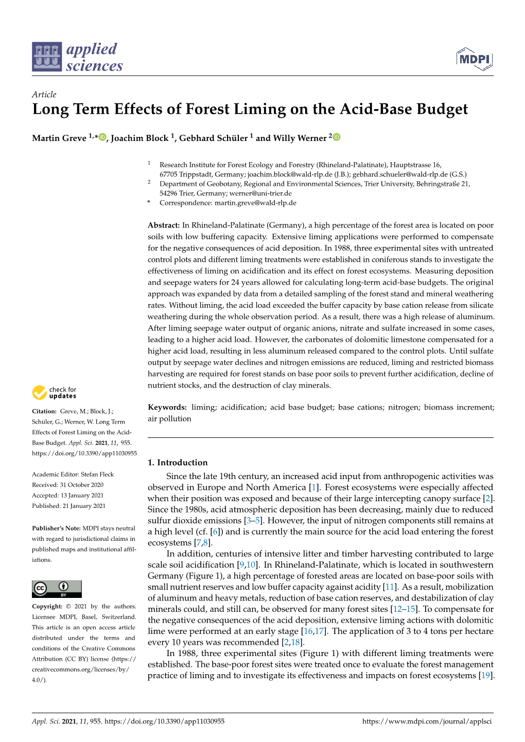 Long Term Effects of Forest Liming on the Acid-Base Budget