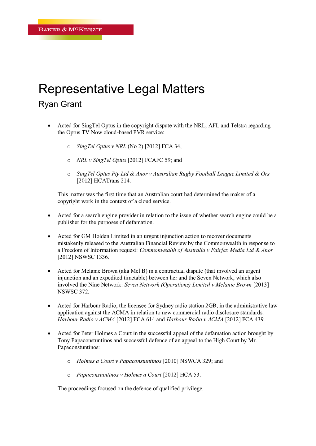 Representative Legal Matters Ryan Grant