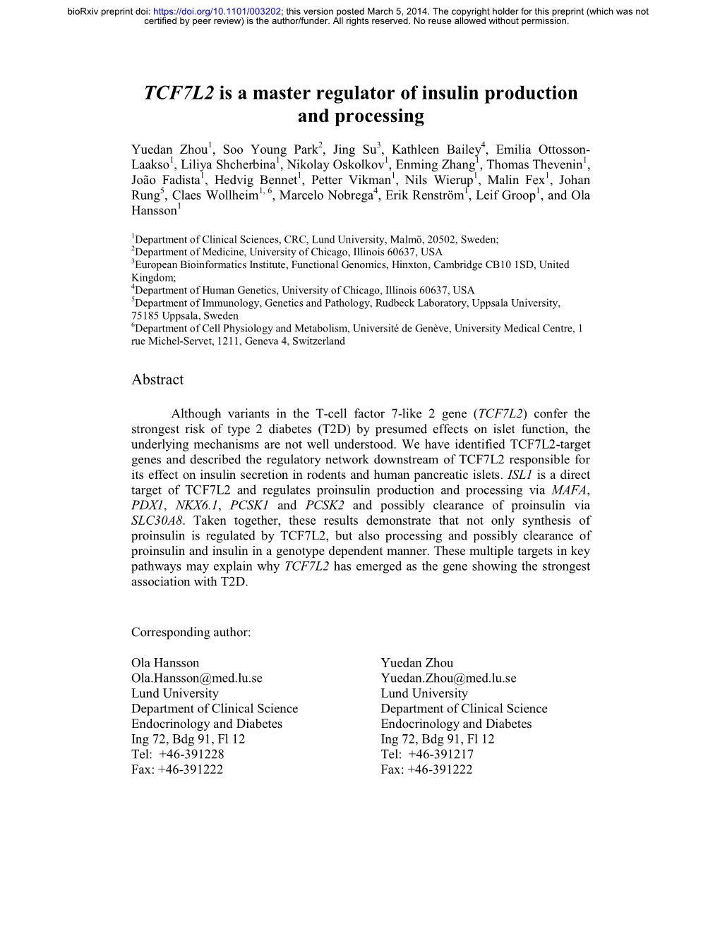 TCF7L2 Is a Master Regulator of Insulin Production and Processing