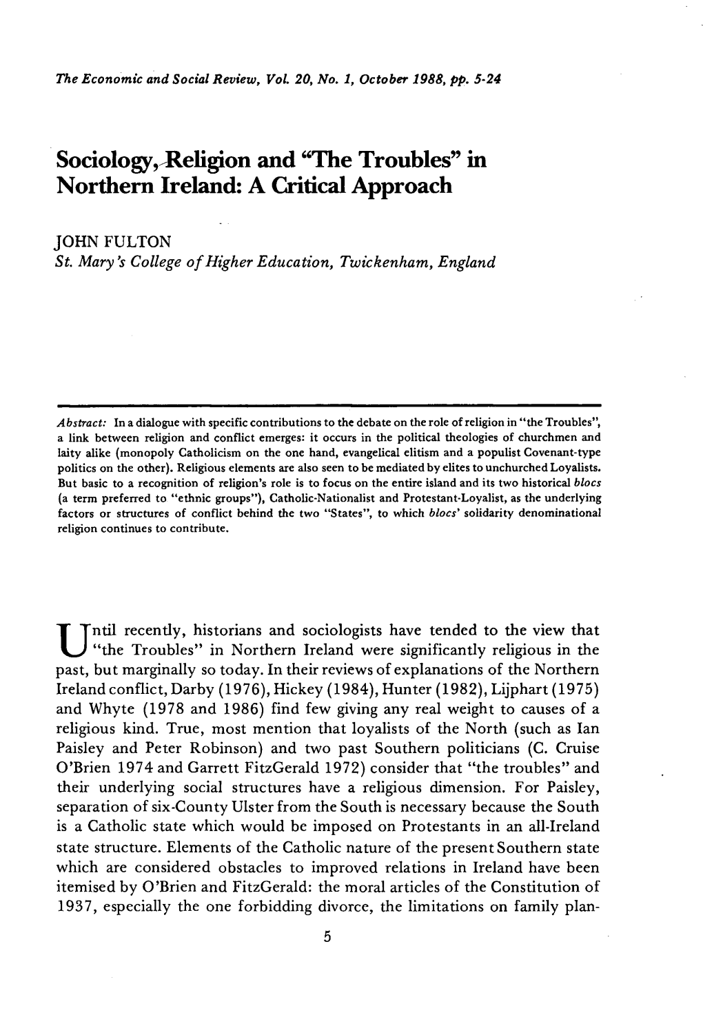 Religion and "The Troubles" in Northern Ireland: a Critical Approach