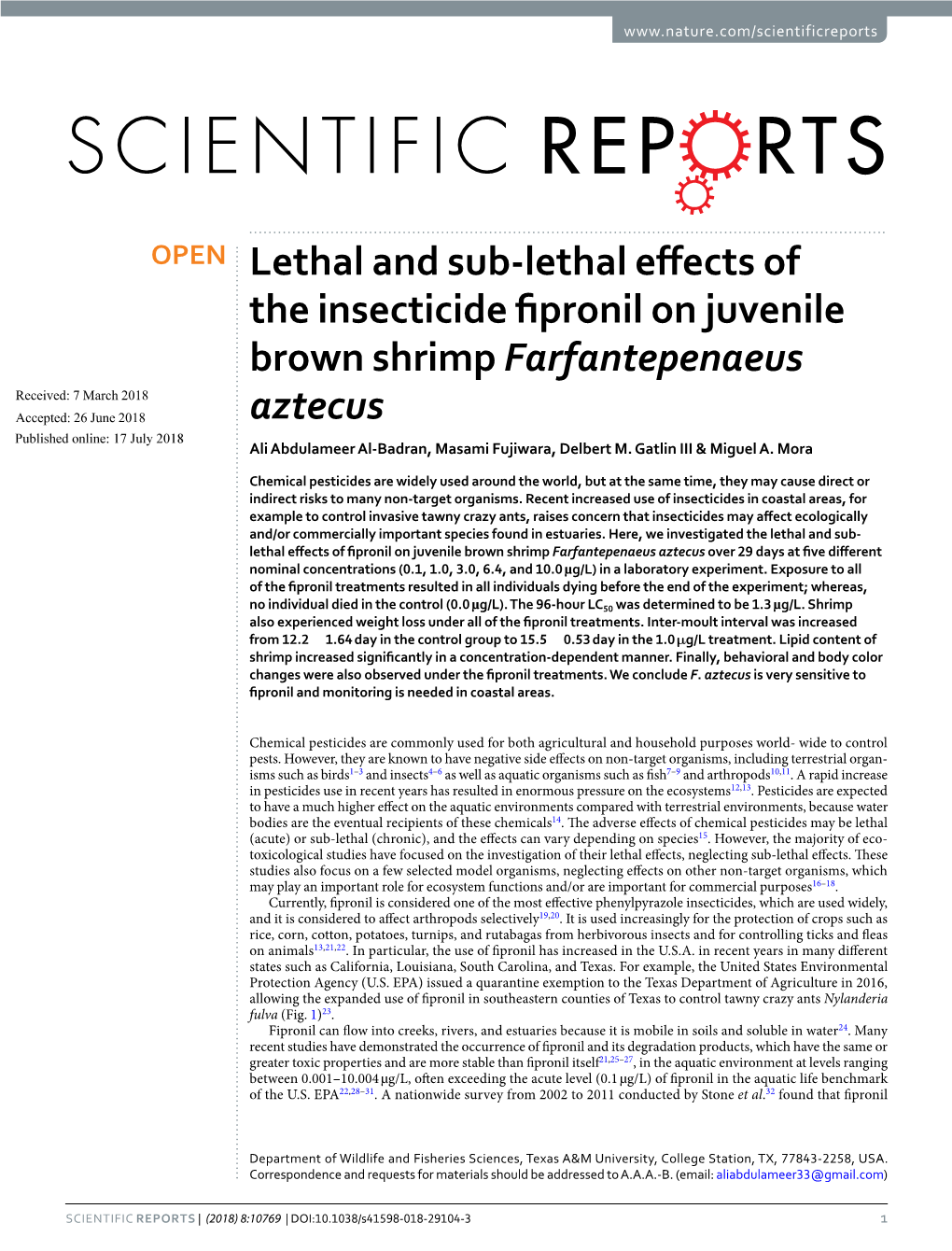 Lethal and Sub-Lethal Effects of the Insecticide Fipronil on Juvenile