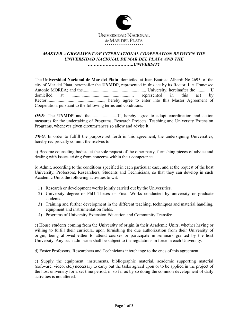 Master Agreement of International Cooperation Between the Universidad Nacional De Mar Del