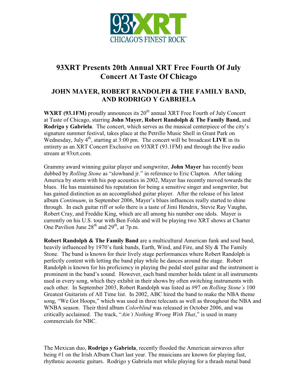 93XRT Presents 20Th Annual XRT Free Fourth of July Concert at Taste of Chicago