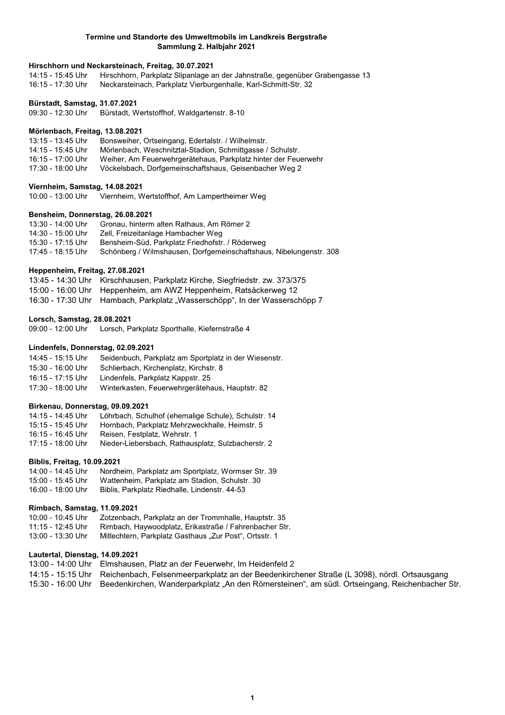 Standortplan Des Umweltmobils 2. Hj. 2021