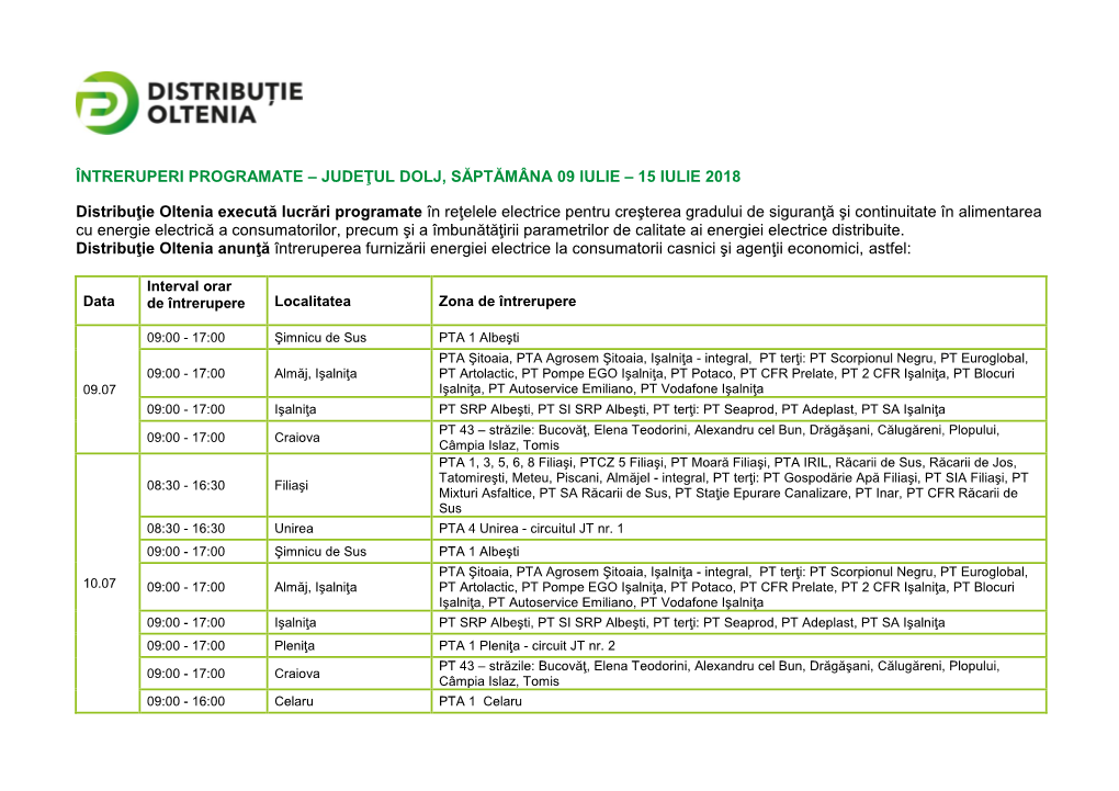 Întreruperi Programate – Judeţul Dolj, Săptămâna 09 Iulie – 15 Iulie 2018