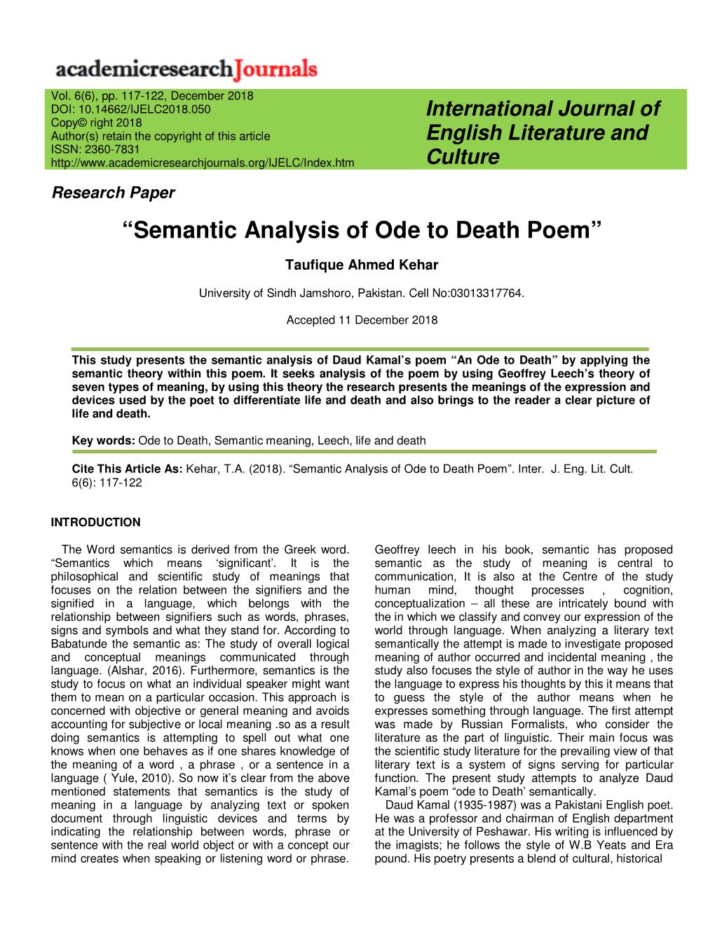 “Semantic Analysis of Ode to Death Poem”