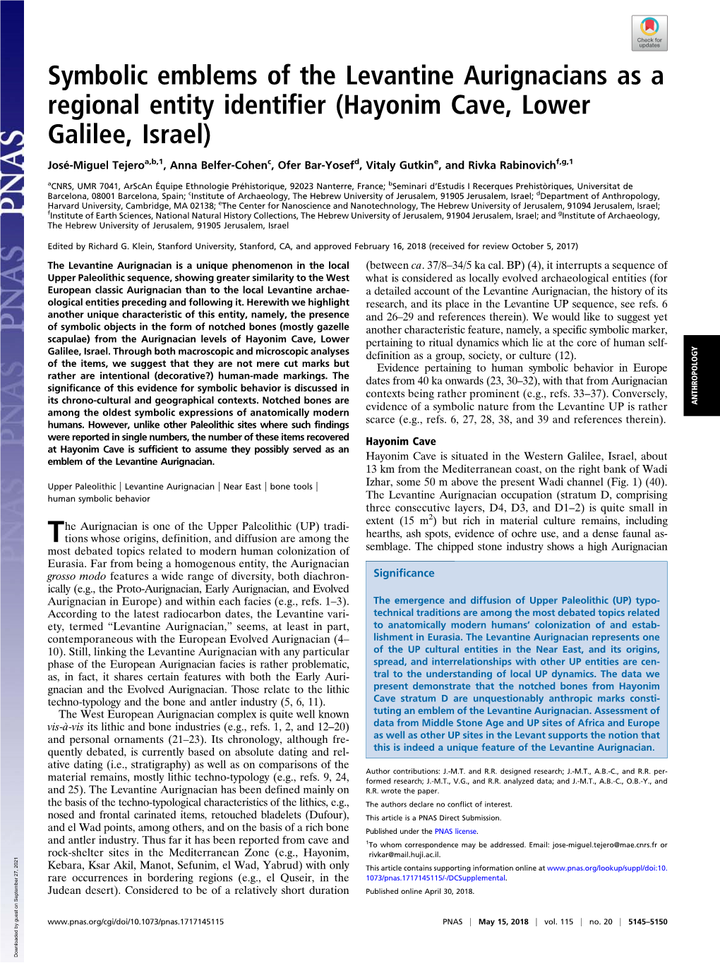 Symbolic Emblems of the Levantine Aurignacians As a Regional Entity Identifier (Hayonim Cave, Lower Galilee, Israel)