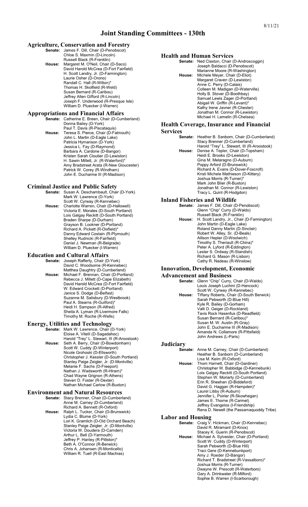 Joint Standing Committees - 130Th Agriculture, Conservation and Forestry Senate: James F