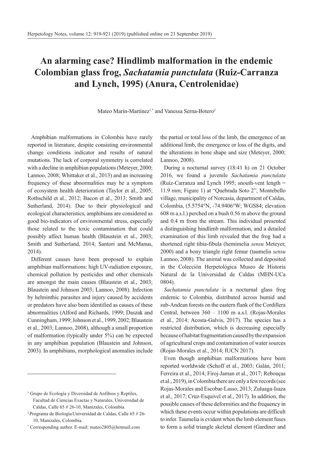 Hindlimb Malformation in the Endemic Colombian Glass Frog, Sachatamia Punctulata (Ruiz-Carranza and Lynch, 1995) (Anura, Centrolenidae)