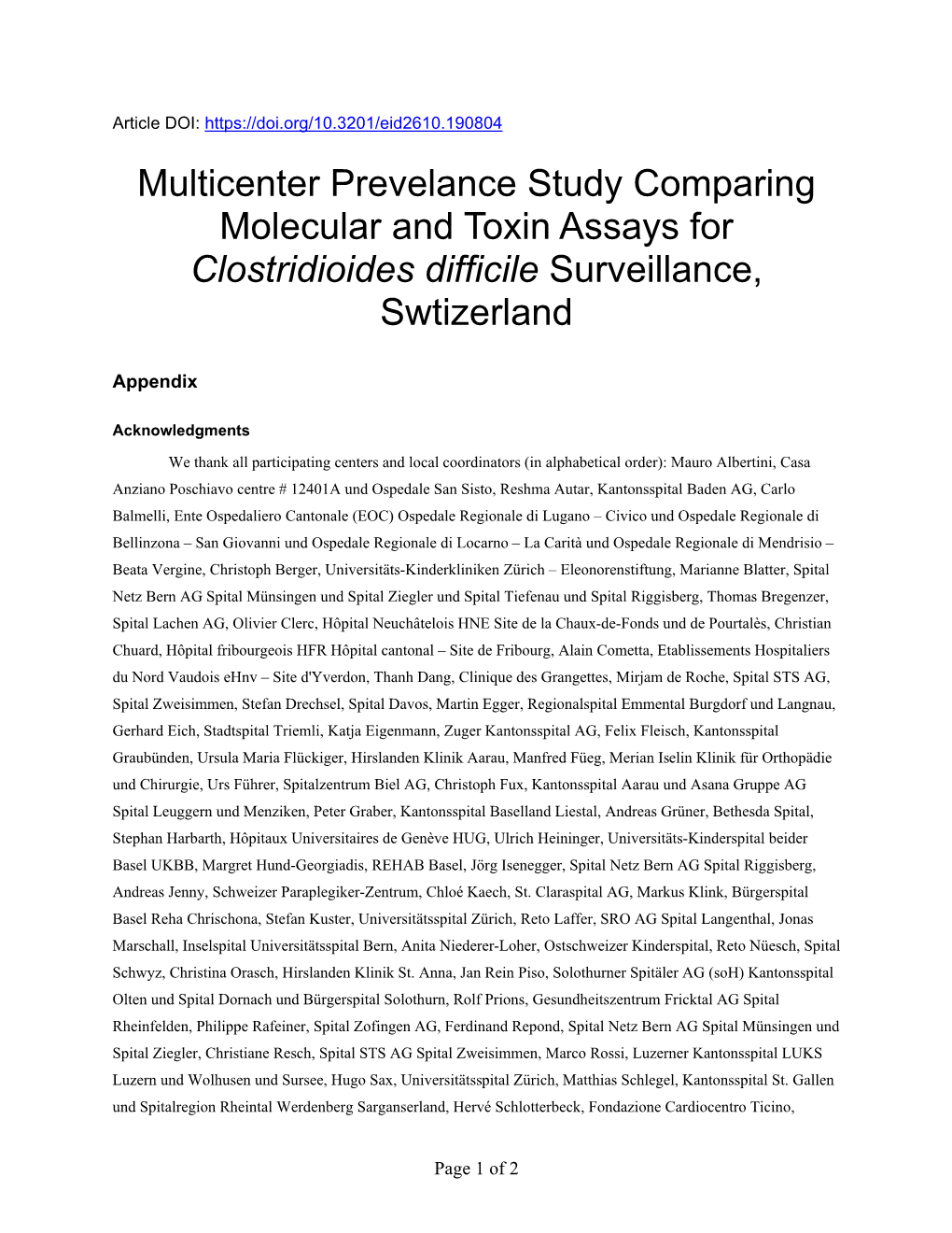 Multicenter Prevelance Study Comparing Molecular and Toxin Assays for Clostridioides Difficile Surveillance, Swtizerland