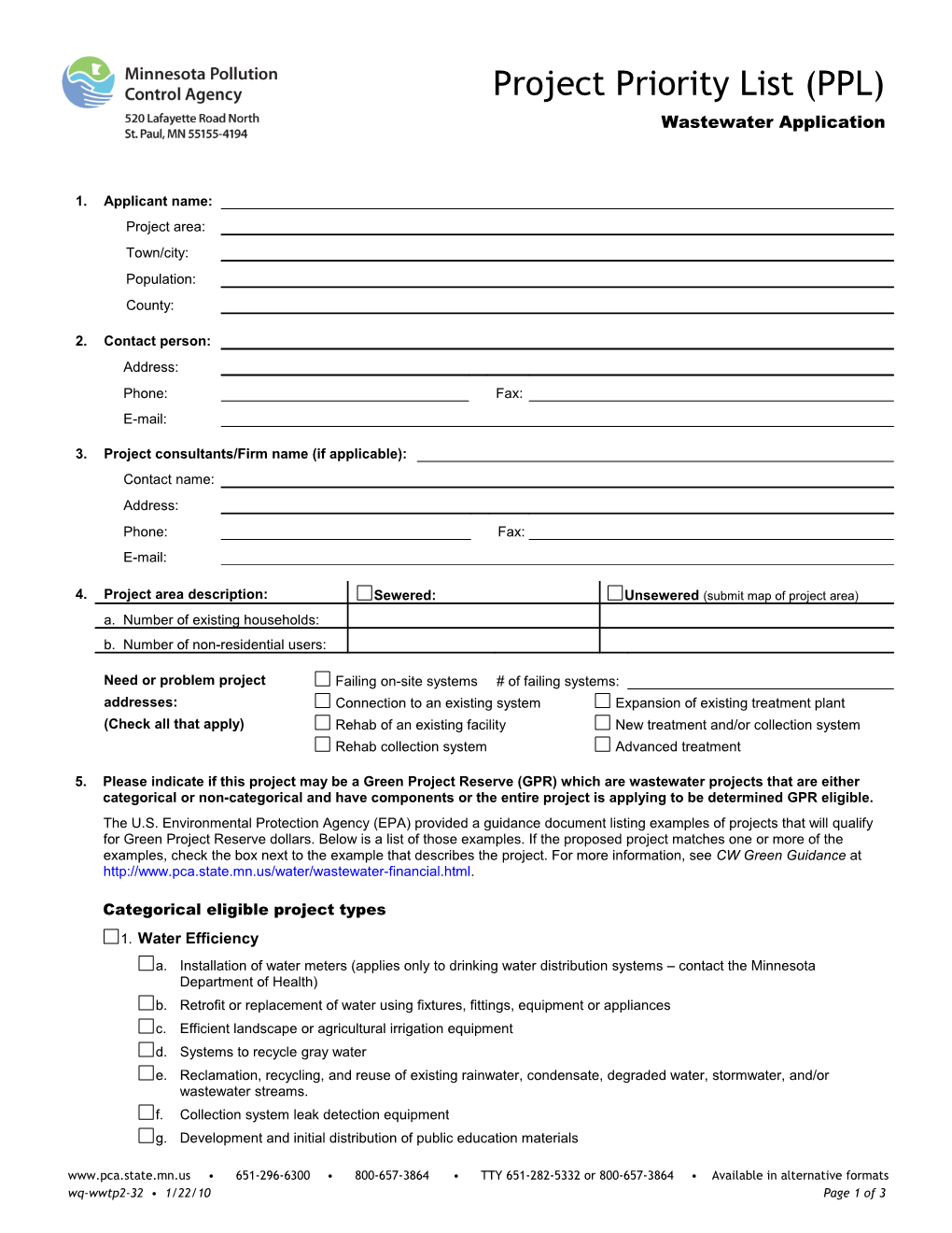 Project Priority List (PPL) - Wastewater Application Form