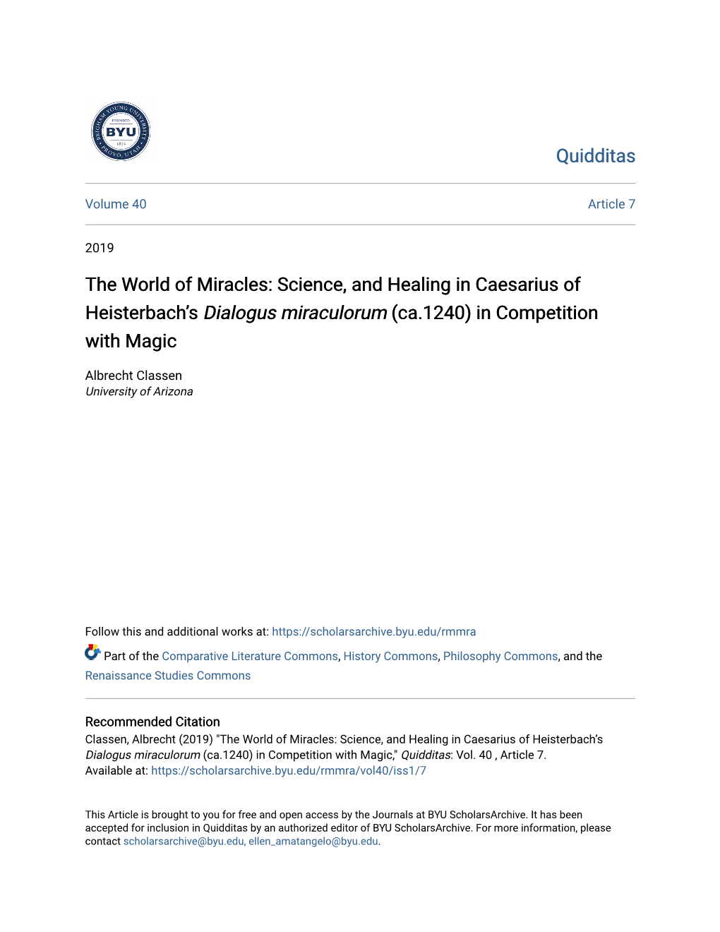 The World of Miracles: Science, and Healing in Caesarius of Heisterbach’S Dialogus Miraculorum (Ca.1240) in Competition with Magic